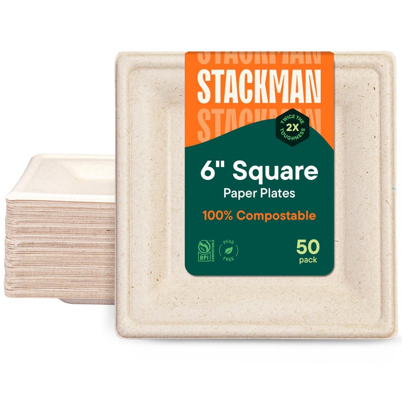 Stack Man أطباق ورقية مربعة قابلة للتحلل بنسبة 100% [50 حزمة] - خالية من {PFAS} - معتمدة من {BPI} - [6 بوصة] أطباق عشاء ثقيلة، صديقة للبيئة، قابلة للتحلل من بقايا قصب السكر - طبق بني طبيعي 6 بوصة من ستاك مان - Image 1